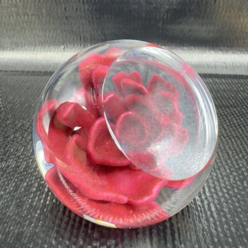 1995 GES Glass Paperweight Red Rose Flower Faceted Signed Don Juan Vintage Decor
